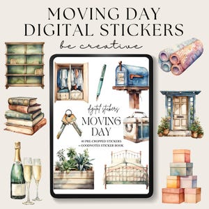 May include: Watercolor digital stickers with a moving day theme. The image includes a variety of illustrations such as a wardrobe, keys, a mailbox, a bed, and boxes. The text reads "MOVING DAY DIGITAL STICKERS" and "be creative".