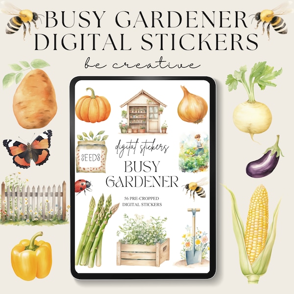 Busy Gardener Digital Stickers, Goodnotes Vegetable Stickers, Notability Planner, Garden PNGs, Farmer Stickers, Gardening Embellishments