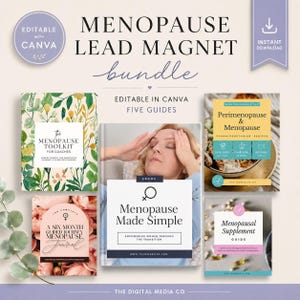 Peut inclure: Un ensemble numérique intitulé Menopause Lead Magnet Bundle comprenant cinq guides. Les couvertures incluent The Menopause Toolkit for Coaches, Menopause Made Simple, A Six Month Guided Journey Menopause Journal, Perimenopause & Menopause et Menopausal Supplement Guide. Inclut du texte modifiable dans Canva.