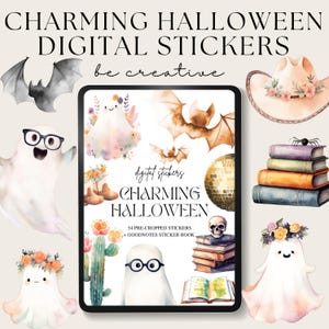 May include: A digital sticker pack with a Halloween theme. The pack includes 54 pre-cropped stickers and a Goodnotes sticker book. The stickers feature ghosts, bats, a disco ball, a cactus, books, and a skull.