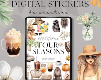 May include: A digital tablet screen displaying a collection of 126 pre-cropped digital stickers featuring illustrations of various seasonal themes, including fall leaves, pumpkins, coffee, and winter scarves. The text "digital stickers FOUR SEASONS" is displayed on the screen.