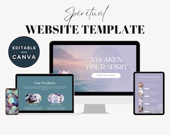 May include: A website template for a spiritual business, featuring a desktop computer, tablet, and phone displaying the website design. The website has a purple and blue color scheme with the text "Awaken Your Spirit" and a button that says "Start Your Journey". The website also features a section for products, including crystals and tarot cards.