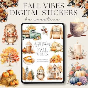 May include: A digital sticker set with 59 pre-cropped images featuring fall-themed illustrations. The stickers include a hedgehog, a truck, a sweater, a coffee cup, a candle, a tree, a pumpkin, a pie, an owl, a house, and more. The stickers are perfect for adding a touch of fall to your digital projects.