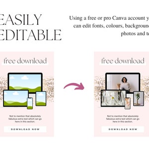 May include: A pink and gold graphic with the text "free download" and a mockup of a laptop, tablet, and phone displaying a landscape image. The text "Not to mention that absolutely fabulous extra text which can go here in this section." is below the mockups. The text "DOWNLOAD NOW" is at the bottom of the graphic.