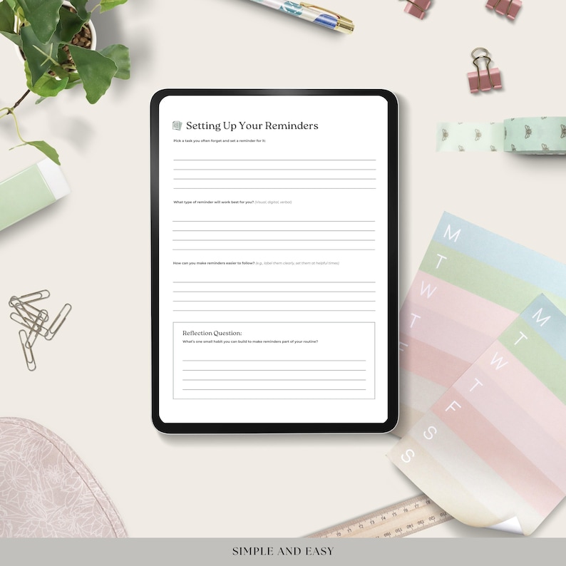 Peut inclure: Une page de planificateur num&eacute;rique avec le titre "Setting Up Your Reminders". La page contient une section pour les questions de r&eacute;flexion et une liste d'invites pour vous aider &agrave; configurer des rappels.