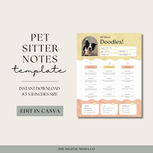 May include: A digital pet sitter notes template with the text "Pet Sitter Notes template" and "Instant Download 8.5 x 11 inches size". The template includes a section for the pet's information and a daily schedule.