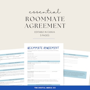 May include: A printable roommate agreement template with sections for quiet hours, personal property, communication and conflict resolution, term and termination, rent and expenses, maintenance and chores, and signatures. The template is editable in Canva and has a blue and white color scheme.