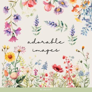 Puede incluir: Una ilustraci&oacute;n de acuarela de un borde floral con una variedad de flores en tonos de rosa, morado, amarillo, azul y rojo. El texto "adorable images" est&aacute; escrito en cursiva negra en el centro de la imagen.