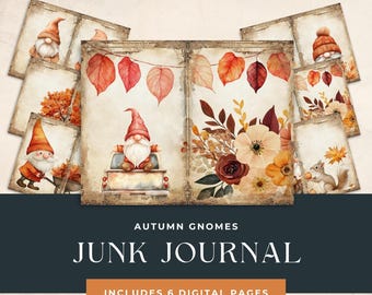 Autumn Gnomes Junk Journal Kit Mixed Media, Seasonal Scrapbook Resource, Fall Digital Download, Paper Crafts, Orange Junk Journal Printable