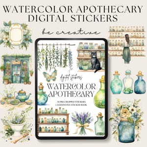 May include: Digital stickers featuring watercolour illustrations of an apothecary shop, herbs, bottles, and a cat. The text "WATERCOLOR APOTHECARY" and "50 PRE-CROPPED STICKERS + GOODNOTES STICKER BOOK" is included.