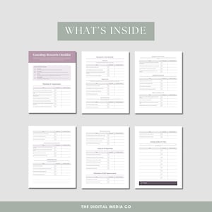 Puede incluir: Se presentan seis listas de verificaci&oacute;n y formularios imprimibles de investigaci&oacute;n geneal&oacute;gica. Los formularios son blancos con acentos grises y morados. El texto "WHAT'S INSIDE" est&aacute; en la parte superior. El texto "THE DIGITAL MEDIA CO" est&aacute; en la parte inferior.
