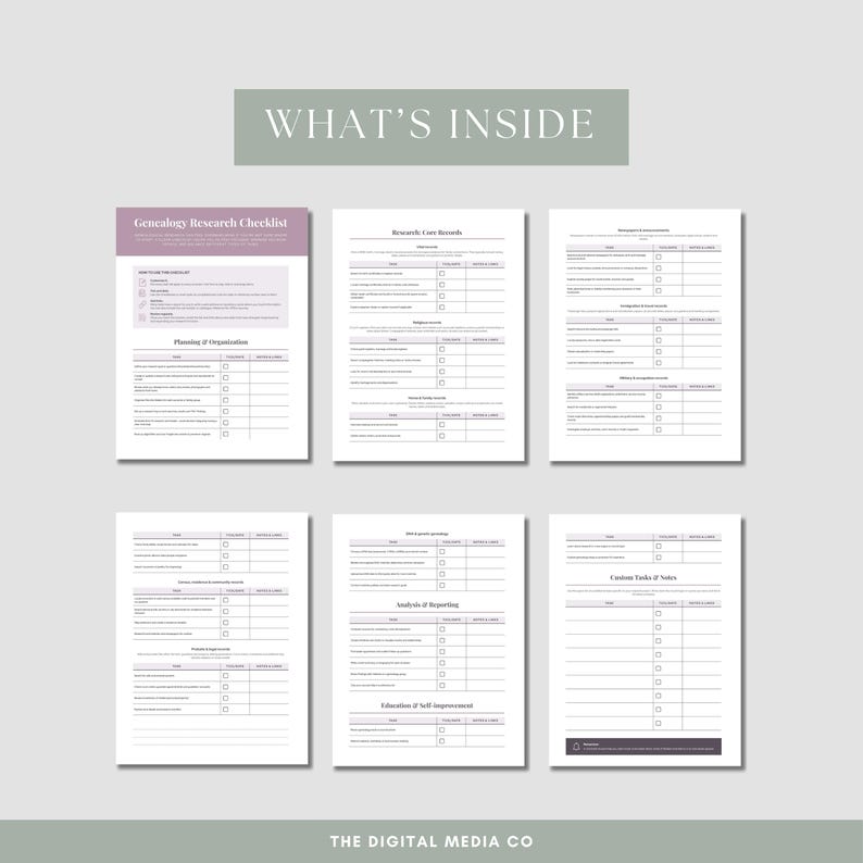 Puede incluir: Se presentan seis listas de verificaci&oacute;n y formularios imprimibles de investigaci&oacute;n geneal&oacute;gica. Los formularios son blancos con acentos grises y morados. El texto "WHAT'S INSIDE" est&aacute; en la parte superior. El texto "THE DIGITAL MEDIA CO" est&aacute; en la parte inferior.