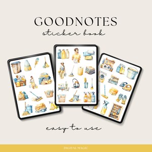 May include: Three digital notepads with colorful illustrations of cleaning supplies, a woman, and a laundry basket. The notepads are labeled "Goodnotes sticker book" and "easy to use".