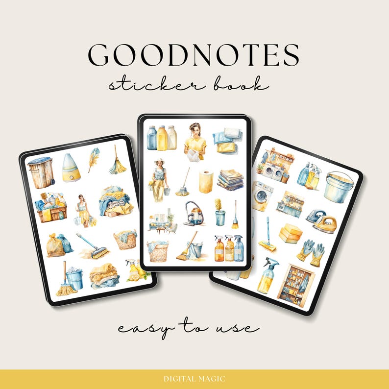 May include: Three digital notepads with colorful illustrations of cleaning supplies, a woman, and a laundry basket. The notepads are labeled "Goodnotes sticker book" and "easy to use".