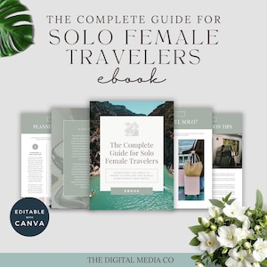 Könnte beinhalten: Ein E-Book mit dem Titel "The Complete Guide for Solo Female Travelers" mit einem hellgrünen und weißen Design. Das Cover zeigt eine Landschaft und den Text "Everything You Need to Know to Explore the World Confidently and Safely".
