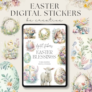May include: A digital sticker set featuring 70 pre-cropped Easter-themed illustrations. The stickers include bunnies, lambs, eggs, crosses, wreaths, and floral designs in watercolour style.