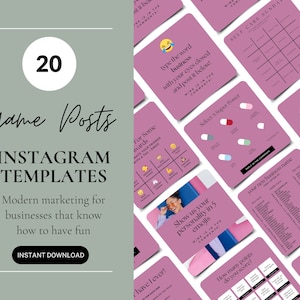May include: A set of 20 pink and white Instagram game post templates for businesses. The text on the cards reads "Game Posts", "Instagram Templates", "Modern marketing for businesses that know how to have fun", "Instant Download", "For Some Awards", "Type the word business with your eyes closed and post it below", "Select a Super Power", "Self Care Sunday", "Have I Ever", "Show us your personality in 5 emojis", "Your new business name", "What is your superhero name?", "How many points do you score?", "If you could pick one..."