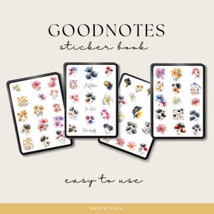 May include: Four digital pages with watercolor flower stickers for Goodnotes. The pages feature different floral designs and inspirational quotes like "Just Grow", "Be True", and "Bloom Brightly".