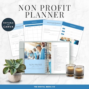 May include: A blue and white planner with the text "NON-PROFIT PLANNER" on the cover. The planner is open to a page with a list of "Content" items. The planner is sitting on a white marble surface with two candles and a potted plant.