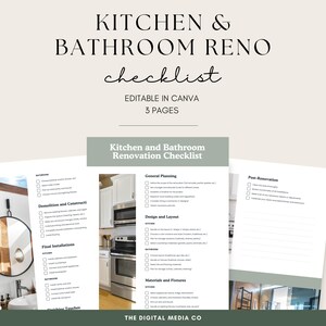 Könnte beinhalten: Eine druckbare Checkliste für Küchen- und Badezimmerrenovierungen. Die Checkliste ist in drei Abschnitte unterteilt: Allgemeine Planung, Abriss und Bau, Endmontage, Design und Layout, Materialien und Ausstattung sowie Nacharbeiten. Die Checkliste ist in Canva bearbeitbar und umfasst drei Seiten.