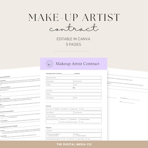 Op de afbeelding: Een afdrukbare sjabloon voor een make-up-artiestencontract in Canva. Het contract bevat secties voor diensten, betaling en klantens handtekeningen. Het document is bewerkbaar en bevat een logo voor "The Digital Media Co."