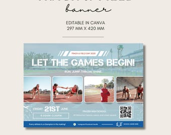Modello modificabile per striscioni di atletica leggera - Striscioni sportivi stampabili per eventi scolastici, decorazioni per gare di atletica leggera, download digitale Canva