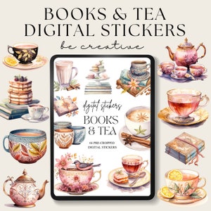 May include: A digital sticker set featuring 64 pre-cropped illustrations of books, teacups, teapots, and other related imagery. The stickers are in a watercolor style with a vintage aesthetic. The text "digital stickers BOOKS & TEA" is displayed on the tablet screen.