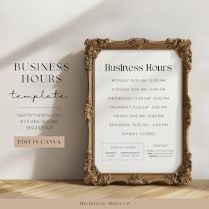 Business Hours Sign, Printable Store Hours Template, Modern Business Sign, Instant Download, Editable Company Signage, Customer Info
