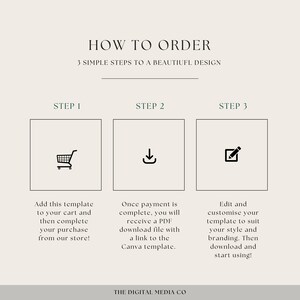 Peut inclure: Un guide en trois &eacute;tapes sur la fa&ccedil;on de commander un mod&egrave;le de conception. Les &eacute;tapes sont&nbsp;: 1. Ajouter au panier, 2. T&eacute;l&eacute;charger, 3. Modifier et personnaliser. Le texte "HOW TO ORDER" est en haut de l'image. Le texte "3 SIMPLE STEPS TO A BEAUTIFUL DESIGN" est sous le titre. Le texte "THE DIGITAL MEDIA CO" est en bas de l'image.