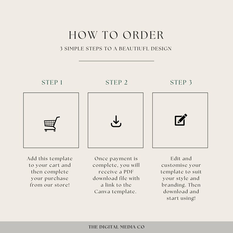 Peut inclure: Un guide en trois &eacute;tapes sur la fa&ccedil;on de commander un mod&egrave;le de conception. Les &eacute;tapes sont&nbsp;: 1. Ajouter au panier, 2. T&eacute;l&eacute;charger, 3. Modifier et personnaliser. Le texte "HOW TO ORDER" est en haut de l'image. Le texte "3 SIMPLE STEPS TO A BEAUTIFUL DESIGN" est sous le titre. Le texte "THE DIGITAL MEDIA CO" est en bas de l'image.