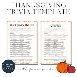 Thanksgiving Trivia, Turkey Game, Holiday Printable Activity, Adult Party Games, Thanksgiving Quiz, Knowledge Tester, Editable Canva Game