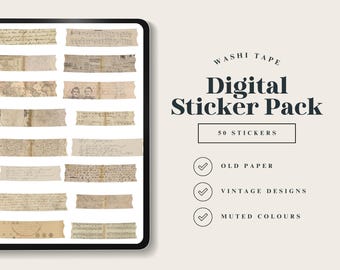 Old Paper Digital Washi Tape, Charming Goodnotes Embellishments, Grunge Newspaper Sticker Pack, Faded Retro Sticker Bundle, Calligraphy