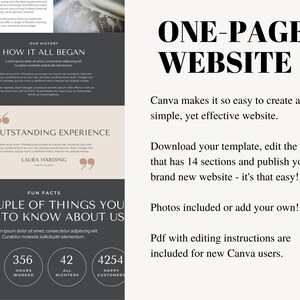 May include: A one-page website template designed for Canva. The template features a black and white design with a beige background. The text "ONE-PAGE WEBSITE" is in bold black font. The text "Canva makes it so easy to create a simple, yet effective website." is in black font. The text "Download your template, edit the page that has 14 sections and publish your brand new website - it's that easy!" is in black font. The text "Photos included or add your own!" is in black font. The text "Pdf with editing instructions are included for new Canva users." is in black font.