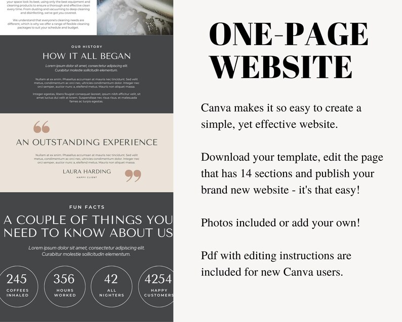 May include: A one-page website template designed for Canva. The template features a black and white design with a beige background. The text "ONE-PAGE WEBSITE" is in bold black font. The text "Canva makes it so easy to create a simple, yet effective website." is in black font. The text "Download your template, edit the page that has 14 sections and publish your brand new website - it's that easy!" is in black font. The text "Photos included or add your own!" is in black font. The text "Pdf with editing instructions are included for new Canva users." is in black font.
