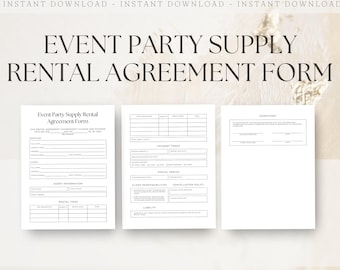 Formulaire de contrat de location de fournitures pour fêtes, contrat de location de fournitures pour fêtes, contrat de location pour événements modifiables, modèle Canvas, téléchargement immédiat