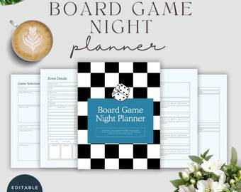 May include: A board game night planner with a black and white checkered cover and a die graphic. The planner includes event details and game selection sections. The words "Board Game Night Planner" are displayed on a blue background. The image also includes a cup of coffee and flowers.