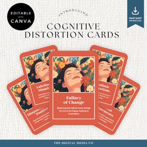 Baraja de distorsión cognitiva, plantilla de tarjetas de afirmación Canva, tarjetas de sabiduría imprimibles, tarjetas de afirmación de autoestima editables, herramienta de coaching de vida