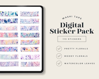 Watercolor Floral Digital Washi Tape, Whimsical Goodnotes Embellishments, Water Color Leaves Sticker Pack, Moody Flowers Sticker Bundle