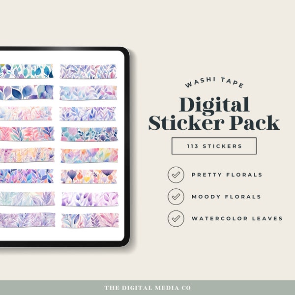 Watercolor Floral Digital Washi Tape, Whimsical Goodnotes Embellishments, Water Color Leaves Sticker Pack, Moody Flowers Sticker Bundle