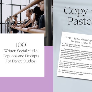 May include: A pink and white graphic with the text "100 Written Social Media Captions and Prompts For Dance Studios" and a list of four tips for using dance classes to stay active and improve mental and physical health. The graphic also includes the text "Copy + Paste" and a photo of dancers in a dance studio.