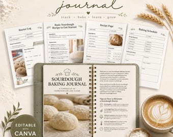 May include: A spiral-bound Sourdough Baking Journal with a grey cover, featuring pages for starter logs, recipes, and schedules. The open journal displays a title page with bread dough imagery, alongside loose printed pages and a cup of coffee.