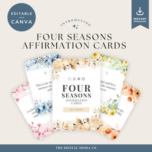 Vier Jahreszeiten Deck, Canva Affirmationskarten, druckbare saisonale Karten, bearbeitbare Frühling Winter Herbst Sommer Ressourcen, Orakel Karteikarten