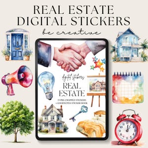 May include: A digital art composition featuring a tablet surrounded by watercolor illustrations. The tablet displays the text "REAL ESTATE DIGITAL STICKERS" and "REAL ESTATE". Surrounding the tablet are images of houses, a key, a clock, a megaphone, and a tree.