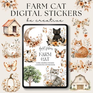 May include: A digital art composition featuring "Farm Cat Digital Stickers." The image showcases a tablet displaying various cat illustrations, butterflies, and floral elements. Additional elements include a pumpkin, a barn, and a wooden cat house, all in a warm, autumnal color palette.