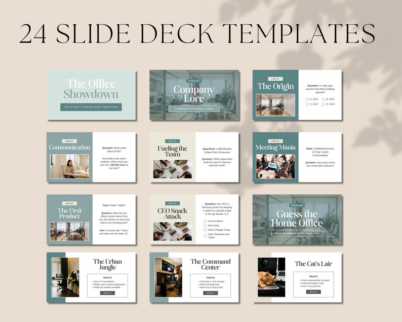 Pu&ograve; includere: Una collezione di 24 modelli di slide deck con titoli come "The Office Showdown" e "Company Lore". Ogni diapositiva presenta un titolo, una breve descrizione e un elemento visivo, il tutto su uno sfondo neutro.