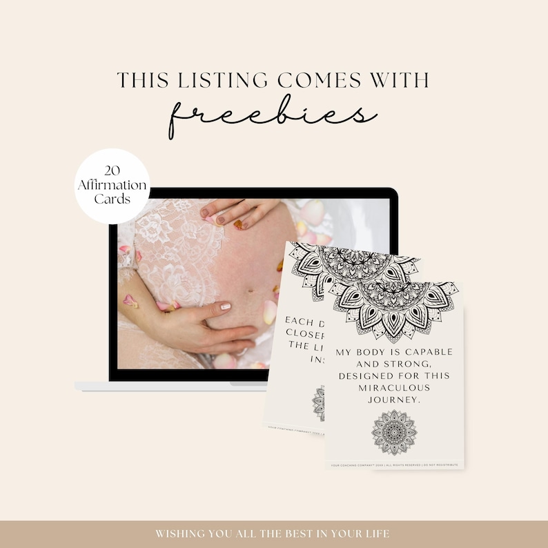 May include: A digital download of 20 affirmation cards featuring a mandala design. The text on the card reads "Each day closer to the light in: My body is capable and strong, designed for this miraculous journey."