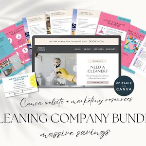 Pode incluir: Um pacote de recursos de marketing e site da Canva para empresas de limpeza. O pacote inclui um modelo de site, gr&aacute;ficos para m&iacute;dia social e listas de verifica&ccedil;&atilde;o de limpeza imprim&iacute;veis. O modelo do site apresenta um esquema de cores rosa e azul brilhante com uma mensagem de boas-vindas que diz "Precisa de um limpador?" Os gr&aacute;ficos de m&iacute;dia social apresentam uma variedade de suprimentos e ferramentas de limpeza. As listas de verifica&ccedil;&atilde;o de limpeza imprim&iacute;veis s&atilde;o organizadas por c&ocirc;modo e tarefa. O pacote &eacute; edit&aacute;vel com Canva.