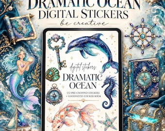 Ocean Digital Stickers, Goodnotes Sticker Book, Nautical PNG Clipart, Mermaid Sea Life Planner Stickers, Coastal Scrapbooking Set