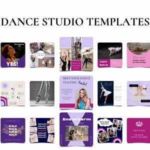 May include: A collection of 12 colourful square social media templates for a dance studio. The templates feature images of dancers, text, and graphics. Some of the templates include the text "YES!", "Learn how to dance", "Studio closed for the holidays", "Meet your dance teacher Rachel", "End of term", "Keep calm I'm your dance teacher", and "Sale".