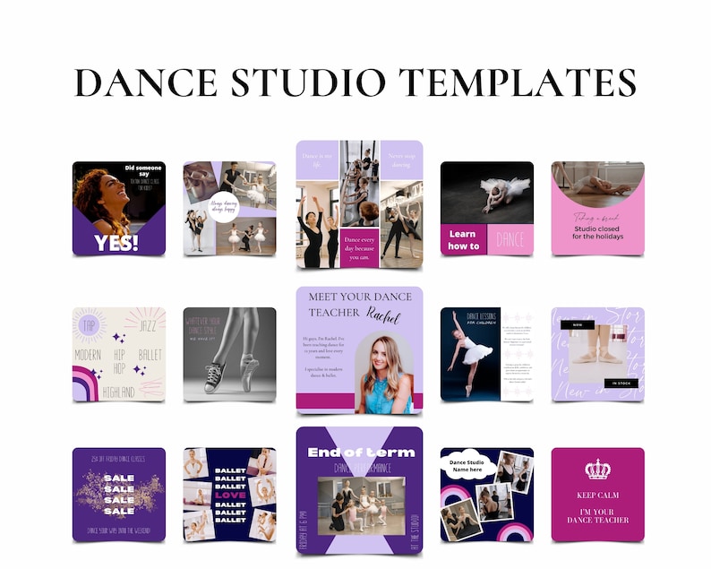 May include: A collection of 12 colourful square social media templates for a dance studio. The templates feature images of dancers, text, and graphics. Some of the templates include the text "YES!", "Learn how to dance", "Studio closed for the holidays", "Meet your dance teacher Rachel", "End of term", "Keep calm I'm your dance teacher", and "Sale".